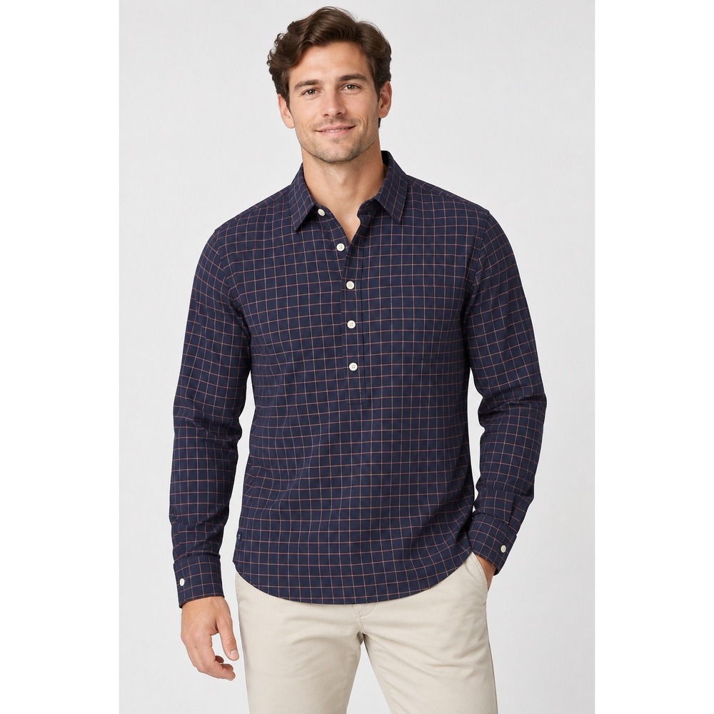 Mizzen+Main Performance Popover Shirt Mens M Blue Plaid Trim No Tuck NWOT